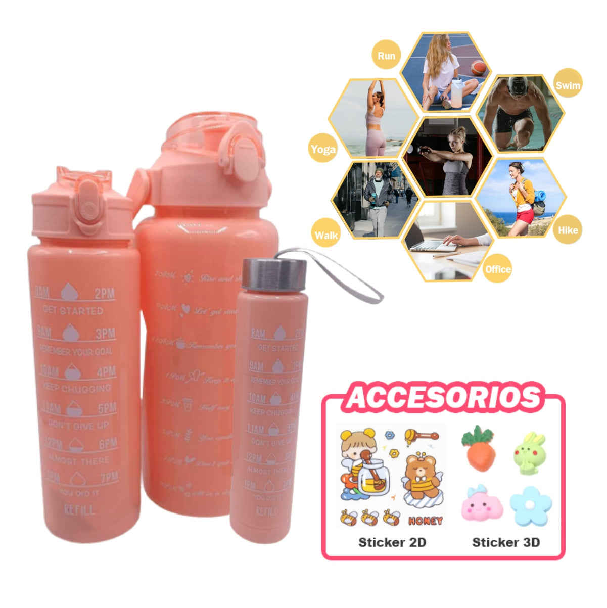 Trio Botella Motivacional Sticker Pines